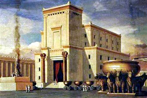 A painted rendering of King Solomon's Temple, with its brazen sea and oxen basins in the foreground