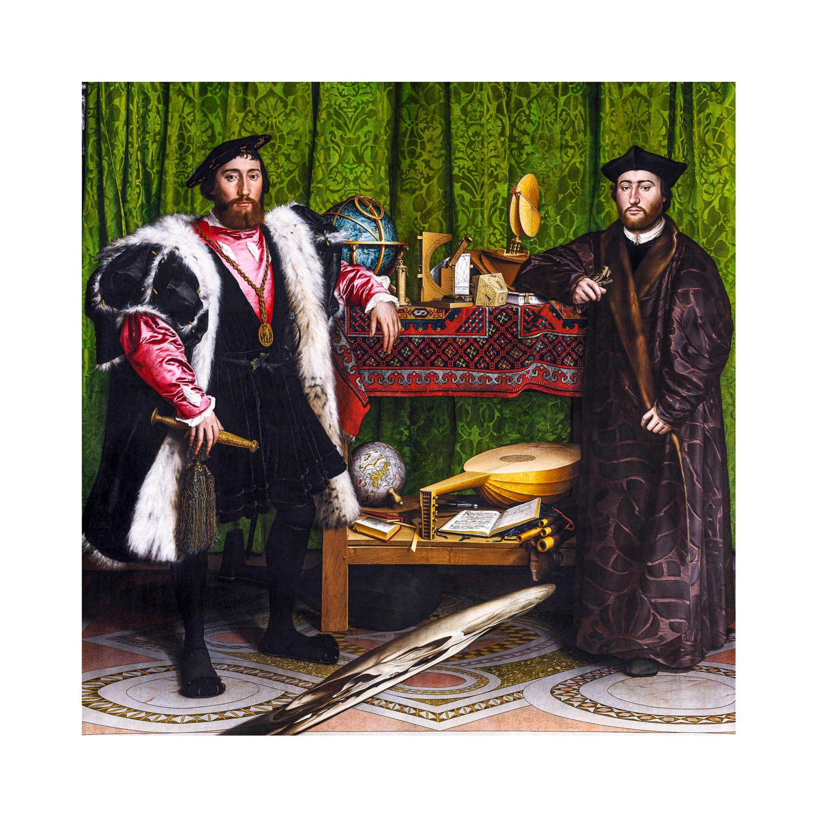 Hans Holbein the Younger, The Ambassadors, 1533, with its distorted anamorphic skull across the foreground floor